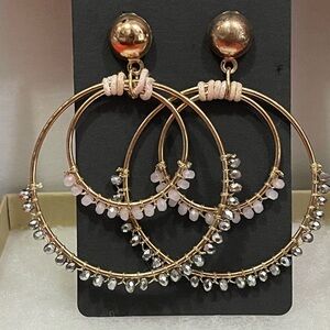 New! Chic Gold and Pink Beaded Hoop Earrings